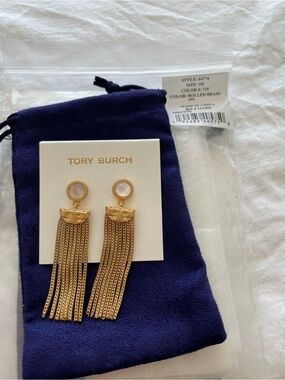 Tory Burch Rolled Brass Gold Chain Tassel Earrings with Stone Accents